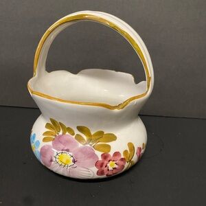 Vintage Floral Italian Pottery Ceramic Basket with Handle